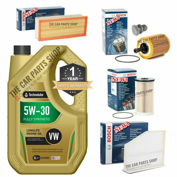 BOSCH FILTER SERVICE KIT FOR AUDI A3 1.6 DIESEL TDI 5L 5W30 OIL + SUMP PLUG NEW