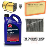 FOR AUDI A3 1.6 TDI MK3 8V SERVICE KIT 5L MILLERS 5W30 & AIR OIL POLLEN NEW KIT