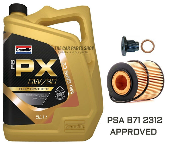 SERVICE KIT FOR PEUGEOT 207 2006> 5L GRANVILLE 0W30 OIL & OIL FILTER + PLUG NEW