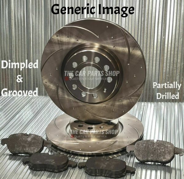 TO FIT VW GOLF R MK7 2013> DIMPLED & GROOVED FRONT DISCS & FRONT BRAKE PADS SET
