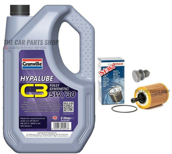 BOSCH FILTER & 5L GRANVILLE 5W30 SERVICE KIT FOR AUDI A3 2.0 TDI DIESEL