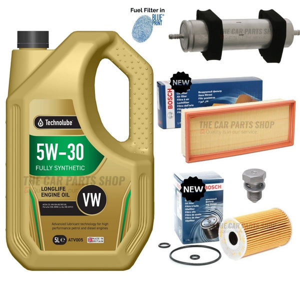 FOR AUDI A4 2.0 TDI MK4 BOSCH SERVICE 5L TECHNOLUBE & AIR OIL FUEL FILTER KIT