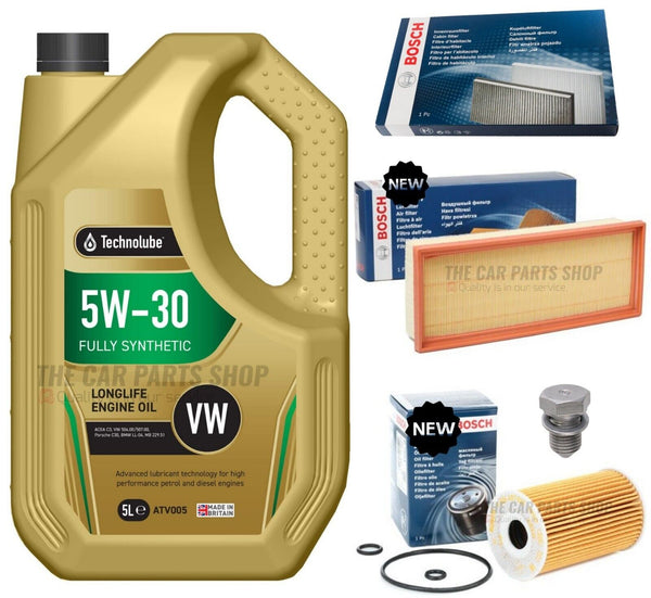 FOR AUDI A4 2.0 TDI MK4 BOSCH SERVICE 5L TECHNOLUBE + BOSCH AIR OIL POLLEN PACK