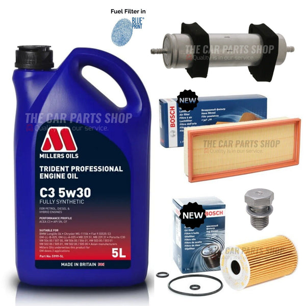 FOR AUDI A4 2.0 TDI MK4 BOSCH SERVICE 5L MILLERS OIL AND 3 NEW FILTERS PLUG