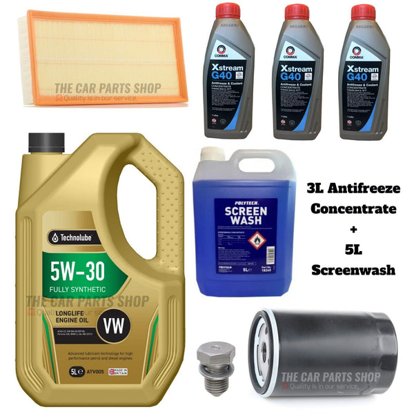 FOR VW NEW BEETLE CABRIO SERVICE KIT 5L OIL & AIR OIL + ANTIFREEZE + SCREENWASH