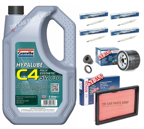 FOR NISSAN QASHQAI 1.5 DCI BOSCH SERVICE KIT 5L OIL & AIR OIL 4 BOSCH GLOW PLUGS